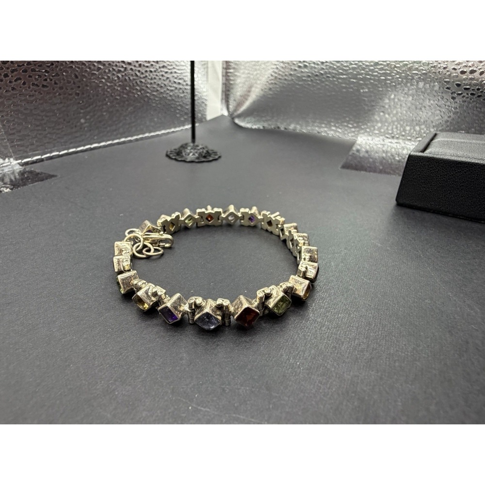 Vintage 7" Sterling Silver Multi Gemstone Bracelet Amethyst Garnet 16 Grams J28 - Picture 6 of 15